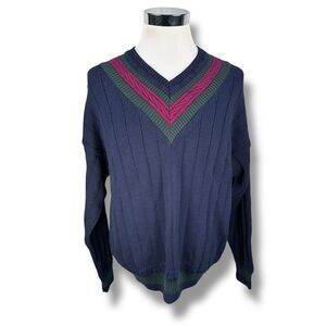 Vintage Adirondack Savile Row Tennis Sweater Men’s XL Blue V-Neck USA 90s Cotton